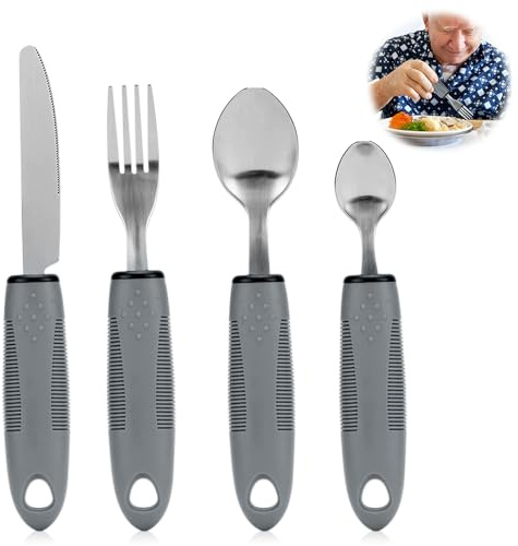 mizikuu 4 Stück Parkinson Besteck, Easy Grip Besteck Set mit Dickem Rutschfeste Griff Seniorenbesteck Einfach zu Greifen Adaptive Utensils Angepasstes Utensilien für Arthritis Ältere Menschen Zittern