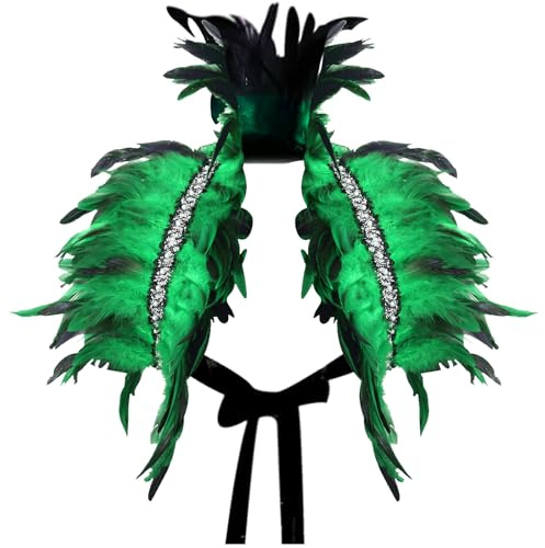 YOUYIKE Gothic Federkragen, Federumhang, Top Wings, Natürlicher Feder Cape, Swan Kostüm mit Feder Achselzucken, Geeignet für Männer und Frauen Halloween, Karneval, Gotische Kleiderparty（Grün）