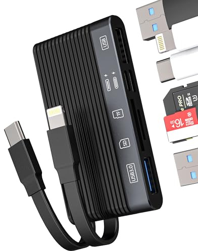 Adaptador de carga USB C Lightning a SD Micro SD USB 3.0 USB 2.0 (6 en 1) para Apple para iPhone 16 15 para iPad Pro, MacBook, cámara digital, ranura TF, tarjeta de memoria, multipuerto, cargador OTG,