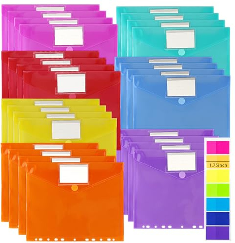 Lot de 28 porte-documents A4 transparents avec 11 bords perforés et poche pour étiquette, fermeture, pochettes transparentes en 7 couleurs, avec Stickers