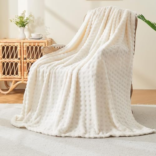 Wajade Fleece Throw Blanket, Fluffy Faux Fur Blanket for Bed Sofa Couch, Soft Warm Thick Blanket,Waffle White-127X178