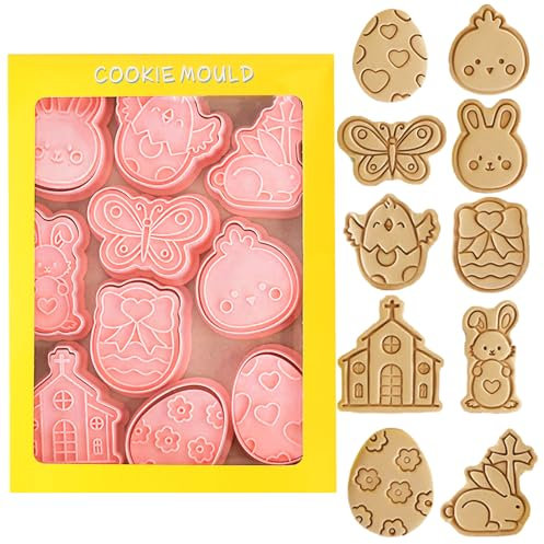 Emporte-pièces Paques, 10 Pcs Emporte Pièce Paques, 3D Pâques Moule Biscuit Plastique Enfant, Lapin Poussin œufs Cookie Cutter Tampon Biscuit Decoupoir Patisserie pour Fondant Biscuit Cookie Gâteau