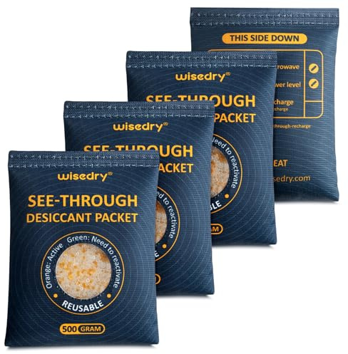 wisedry Lot de 4 déshumidificateurs de voiture en gel de silice transparent 500 g - Sachets déshydratants pour le rangement - Réutilisables et sûrs - Sacs déshumidificateurs résistants à la chaleur