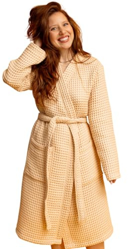 BLUMIS® Bata de baño de mujer en piqué de panal | 100% algodón, transpirable, de secado rápido, ideal para sauna y spa, elegante corte de kimono, beige, S