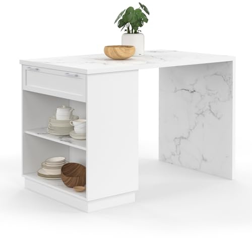 IDMarket - Mittelinsel mit Stehtisch für 4 Personen VITO 130 cm weiß und Marmorplatte Alaska | Farbe: Weiß und Platte aus Alaska-Marmor