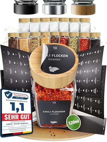 LAEVU Gewürzgläser Set Eckig | 24 Stk. 120ml - 11,0 x 4,5 cm | Gewürzstreuer Bambus mit 350 Gewürzetiketten, 48 Streueinsätze und noch mehr | 24