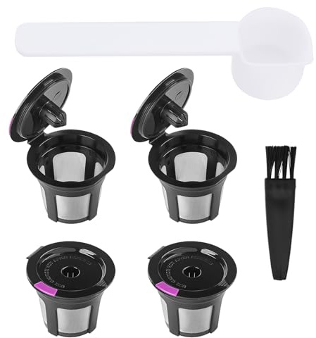 BOXOB 4 Pack Refillable Coffee Machine Filters for Keurig 1.0 & 2.0 Brewers, Reusable Cups with Spoon & Brush Accessories Parts Universal Fit Capsules with Stainless Steel Mesh Strainer (Black)