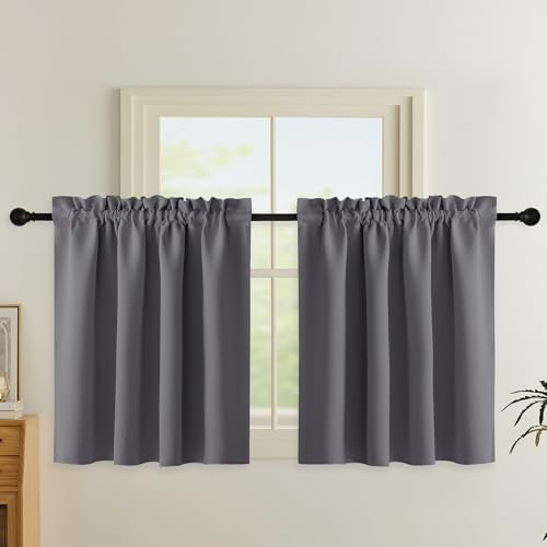 PONY DANCE Kurzgardinen Küche Scheibengardinen Blickdicht 2er Set H 90 x B 140 cm Verdunkelungsvorhang Grau Abdunkelnde Vorhänge mit Stangedurchzug Thermal Curtain