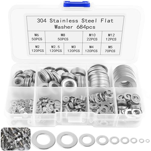 684 Pezzi Rondelle Acciaio Set, Rondelle Piatte in Acciaio Inossidabile, Rondelle Alzaporta per Viti Bulloni, Domestica, Riparazioni in Fabbrica, con 9 Dimensioni - M2 M2.5 M3 M4 M5 M6 M8 M10 M12