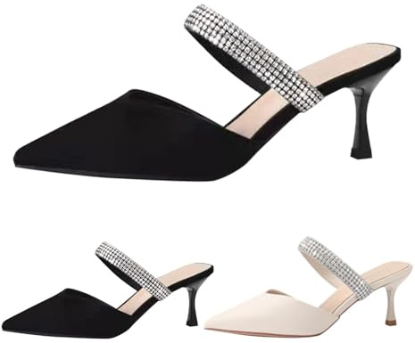 Slingback klackar för kvinnor spetsig tå mules för kvinnor slip-on stängd tå glidare utsvängd klack klänning skor med elastisk strassrem bred bredd bekväma hovsandaler för fest dejting, Vitt, 37 EU