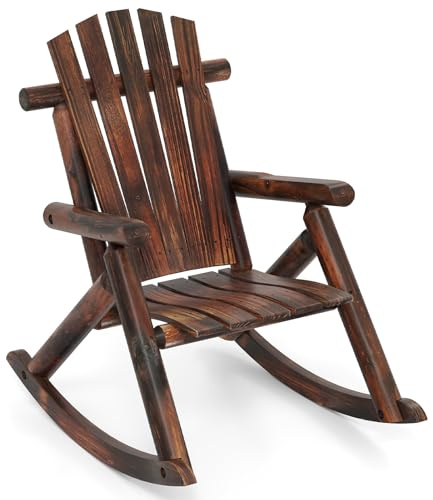 COSTWAY Adirondack Rocking Chair, Solid Wood Porch Rocker High Back Leisure Armchair, Traditional Outdoor Relax Deck Chairs for Garden, Patio, Balcony and Yard (1, Brown)