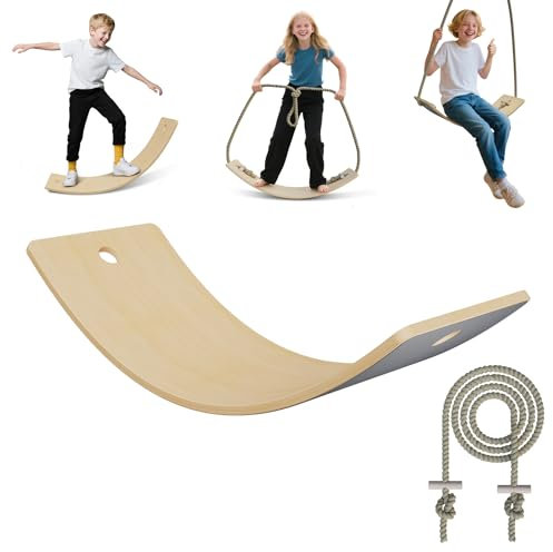 Froadp Balance Board aus Holz mit Extra Langem 3 m Seil | Wackelbrett für Kinder ab 3 Jahren & Erwachsene | Holzspielzeug bis 100kg | 82x30x19cm Balancierbrett mit Rutschfesten EVA-Matten | Grau