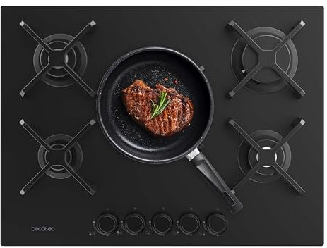 Cecotec Plaque de Cuisson à Gaz Bolero Squad G 5400S Nano Glass avec 5 Foyers, 10,4Kw, Grilles en Fonte, Foyer à Triple Anneau, Allumage Électronique, Système de Sécurité des Valves, Conversion au Gaz