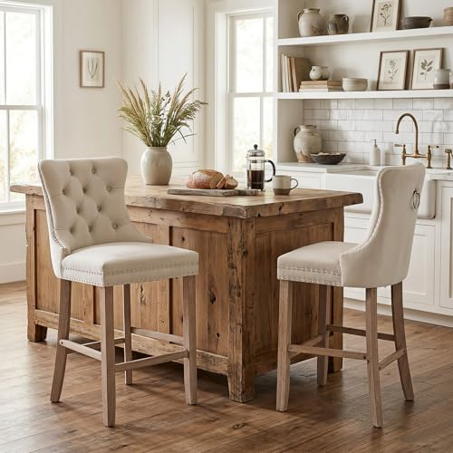 SoarFlash Set von 2 modernen Samt-Barhockern mit Holzbeinen,Knopfstichung,Chromnägeln,armleer,Thekenhocker,Beige