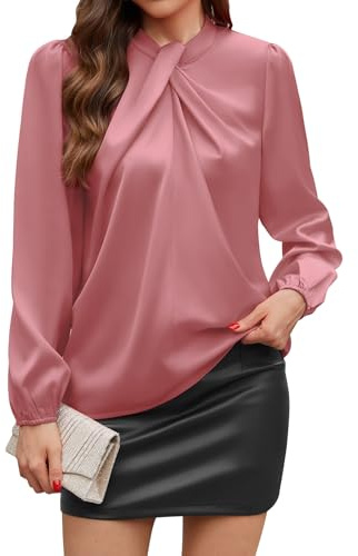 PASUDA Camisas Mujer Elegantes Blusas Manga Larga Raso Camiseta Color Liso Talla Grande Top Suelta Puños Elásticos Cuello Anudado Blusas de Fiesta Empresa Casual (Rosa Oscuro, XL)