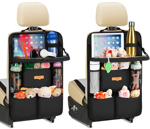SURDOCA Children's Car Organiser with Folding Table - Back Seat Organiser with Touchscreen Tablet Compartment, Waterproof Backrest Protection, Fits Most Vehicles - (Pack of 2)