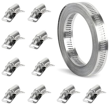 Gotetiso Colliers de Serrage DIY Inox 304 5m Bande Perforée en Métal avec 10 Fixation Clips Collier à Vis Sans Fin Ajustables Collier Durite Serrage Réglable pour Tuyaux Piscine Jardin Machine à Laver
