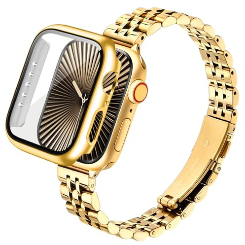 Wipalor Slim Stainless Steel Straps with Case fit Apple Watch Strap Women 40mm 41mm, Elegant iWatch strap and Cover with Screen Protector, Metal iWatch Band for Apple Watch Strap Series SE 9 8 7 6 5 4