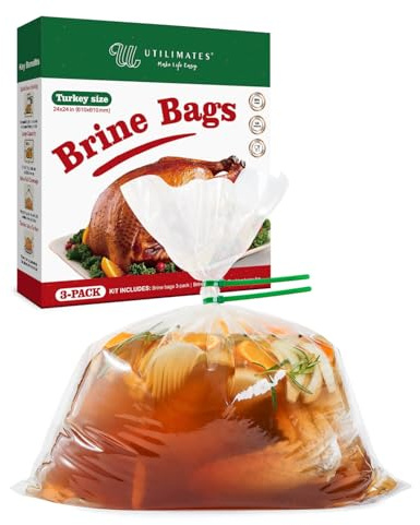 UTILIMATES Turkey Brine Bag 24x24 Gusseted Bottom, 3 Brining Bags For Turkey 15 20 25 lbs up to 30 lbs, with 6 Reusable Ties, Cooking Twine 5m, BPA Free Food Grade, Heavy Duty Large Brining Bag