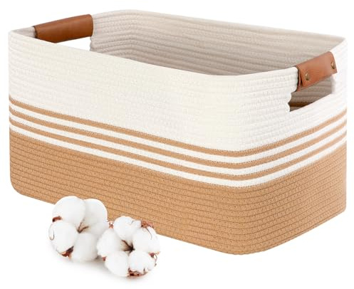 Ezvsevuo 65L Wäschekorb, Aufbewahrungskorb Groß mit Griffen Wäschesammler Geflochtener Wäschekorb Geflochten aus Baumwolle Korb für Decken, Baby Spielzeug, Körbe Aufbewahrung Kinder,Weiß und Jute