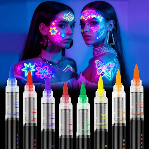 LOPHE Halloween neon smink UV-penna, 8 kroppsmålningsfärger barnsmink set för vuxna barn, neonansikte färg tillfällig tatueringspenna för neonfest dekoration