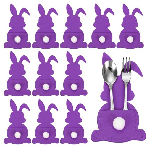 QUARKZMAN 36Pcs Porte-Couverts Lapin De Pâques, 15x8cm Housse De Couverts en Feutre pour Couteaux Fourchettes Décoration De Table Mariage Anniversaire Fête, Violet