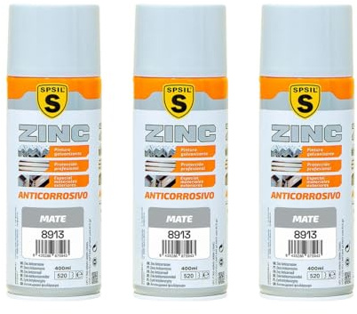 SPSIL Pintura en Spray Anticorrosiva Zinc Mate 400ml (pack of 3),Protección Galvanizante para Metal, Madera y Plástico,Secado Rápido 30 Min,Uso Interior y Exterior