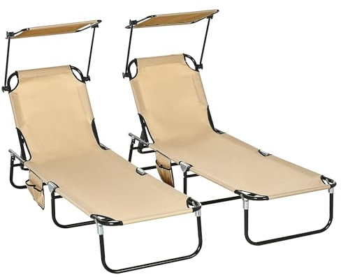 Outsunny 2er Set Sonnenliege klappbar Gartenliege mit Sonnendach 5-Fach höhenverstellbarer Rückenlehne Liegestuhl bis 120kg belastbar Outdoor Relaxliege für Pool, Strand Braun