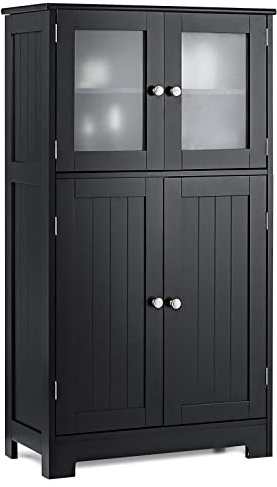 LIFEZEAL Armadio alto con ripiani regolabili, mobile portaoggetti bagno con doppia anta in vetro, armadio a piedi multifunzionale per cucina, soggiorno, ufficio, 60 x 30 x 109 cm, (nero)