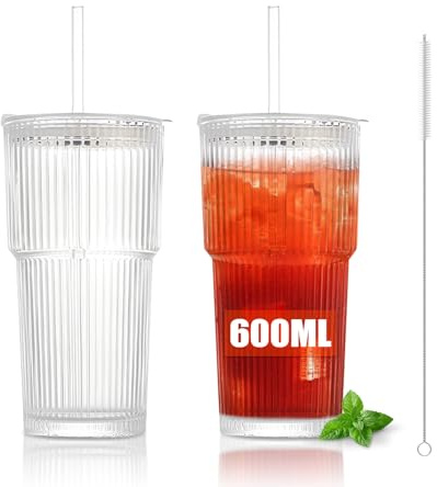 Gigmeta 2 vasos de cristal acanalados de 600 ml con tapa, pajita y cepillo, ideales como vasos para batidos, café con leche y matcha