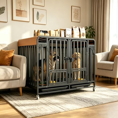 Hundekäfig Transportbox für schwere Lasten, Gitterbox große Hunde hochbelastbar Hundetransportbox mit 3 Türen, 4 Rollen und Bodenschale Hundetransportkäfig Hundebox (XXXL 140X94X108cm)