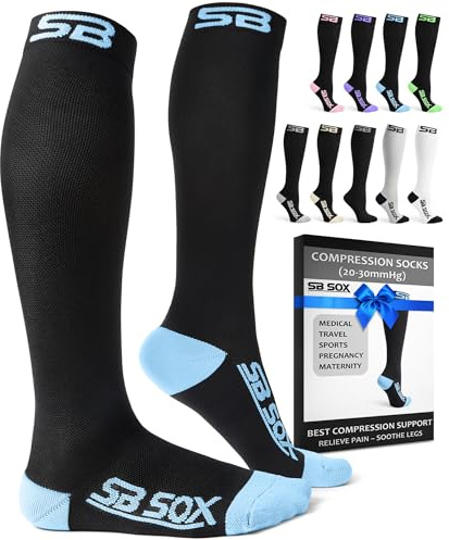 SB SOX Kompressionsstrümpfe für Männer und Frauen (20–30 mmHg) – beste Kompressionsstrümpfe für Fliegen, Medizin, Sport, breite Wadenpassform und tägliches Tragen (Schwarz/Blau, Medium)