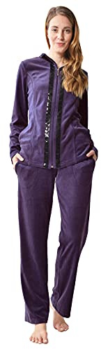 DeSen Damen Deluxe Velours Nicki Freizeitanzug Hausanzug Nicki-Anzug mit Reißverschluss und Pailletten-Leisten（Dunkel Lila,40/42）