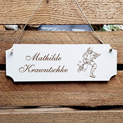 Schild « Eishockey » Türschild mit persönlicher Wunschgravur und Motiv - Größe ca. 20 x 6,7 x 0,5 cm - Shabby Dekoration Namensschild Name - Sport Hockey Spieler Puck Wintersport