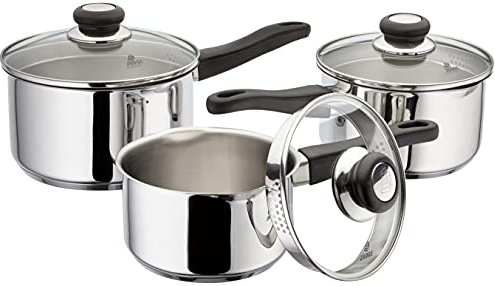 Judge Vista - Juego de 3 sartenes de acero inoxidable, cacerolas de 16 cm, 18 cm y 20 cm con borde de vertido y tapas coladoras, listas para inducción, aptas para horno, 25 años de garantía