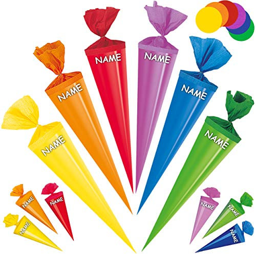 alles-meine.de GmbH 10 Stück kleine - mini - Schultüten - 12 cm - Farbmischug - inkl. Name - Zuckertüten - einfarbig - Rohling - rund - Dekoschultüte - Deko - Schultütenbaum Zu..