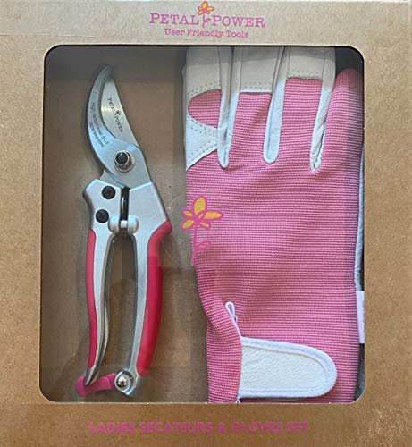Ladies Gardening Gloves & Secateurs Set - Bypass Pruners & Leather Garden Gloves - Perfect Garden Gift for Women (Glove - Medium, Pink)