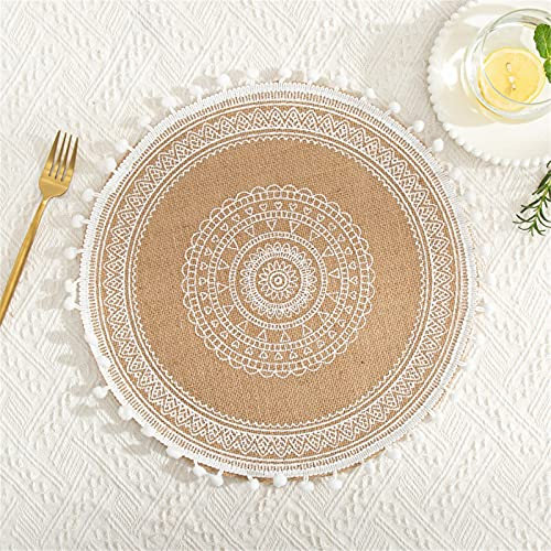 4er-Set Mandala Runde Platzsets, Jute Tischsets mit Pompon-Quaste, Neutrale Rustikale Platzset für Esszimmer, Küche, Tischdekoration (4 Stück,C)
