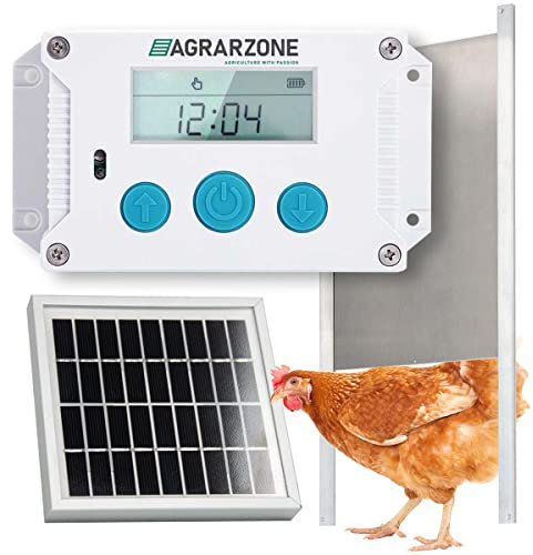 Agrarzone automatische Hühnerklappe Solar Wilma ohne Schieber | Elektrische Hühnertür mit Zeitschaltuhr, Lichtsensor & manuell | Hühnerstall Türöffner öffnet und schließt automatisch