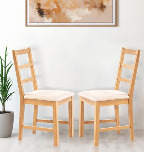 Hallowood Furniture Oak Dining Chairs Set of 2 with Natural Beige Linen Fabric Seat Pad, Modern & Stylish Ladder Back Solid Oak Wooden Small Kitchen Dining Room Chairs for Home, Restaurant and Café