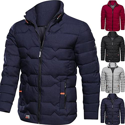 HAOLEI Mens Coats and Jackets Winter Sale Clearance,Casual Biker Trucker Jacket Full Zip Warm Quilted Bubble Coat Stand Collar Thicken Solid Windproof Outerwear Jacket Coats Plus Size 10-20