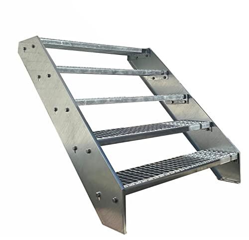 Premium Caillebotis acier Escalier à limon 5 Marches Entièrement galvanisé - Dimensions (L x l x H) 101cm x 80cm x 95cm Résistant aux intempéries et protégé contre la corrosion