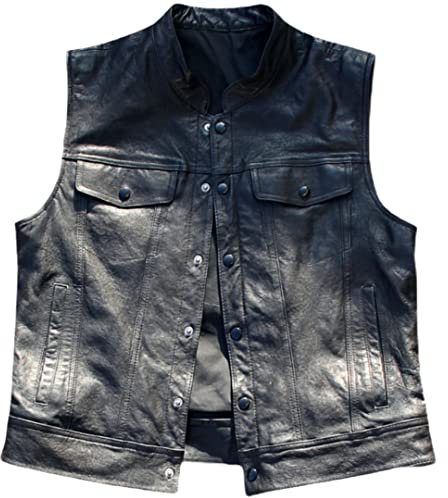 Disimlarl Herren-Motorrad-Biker-Weste, Leder, Schaffell
