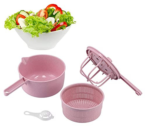 Centrifugadora de Lechuga, 2L, Escurridor de Ensaladas,11×30CM, Secador de Verduras con Manivela, 11CM Mango Largo, Centrifugadora Manual, Salad Spinner, para Lavar Y Secar Frutas(Rosa)