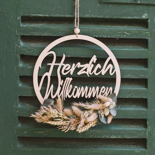 Willkommensschild I Trockenblumenkranz I Türkranz Trockenblumen I Herzlich Willkommen Türhänger I Innenbereich I ganzjährig (24cm Holz Natur, Naturtöne)