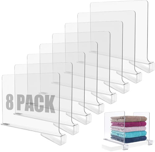 CYEER 8 PCS Shelf Dividers, Acrylic Shelf Dividers for Wardrobe, Vertical Clear Closets Shelf Separator and Organizer Clothes Dividers for Bedroom Kitchen Cabinets Shelf