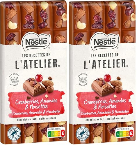 Nestlé Les Recettes de L'Atelier - Tablette Chocolat Lait Cranberries, Amandes et Noisettes - 170 g (Lot de 2)