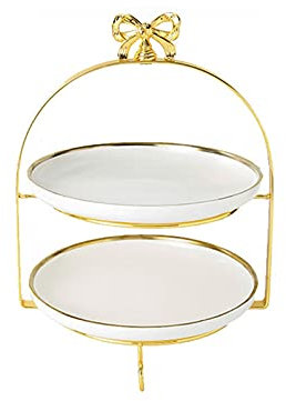 OQHAIR Soporte para Tartas Soporte para Tartas de 2 Niveles con Asas de Lazo Mesa de Postre de cerámica Multicolor Soporte Creativo para exhibición de Tartas Té de la Tarde Plato de Fruta