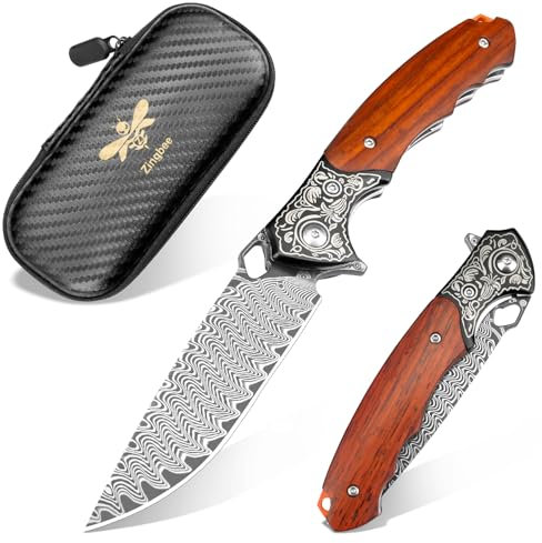 Zingbee Damast Taschenmesser, Hochwertige VG10 Damaststahlklinge, scharfe Schneide, Outdoor messer mit Sandelholzgriff-EDC Klappmesser & Einhandmesser, Geschenke für Männer, Sammler & Abenteurer