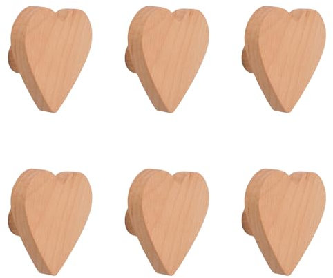 GERRIT 6 Stück herzförmige Holzknöpfe, Einloch-Buchenholzgriffe, Holzschrankgriffe, Knöpfe for Kommoden, mit Schrauben und Erweiterungsrohr